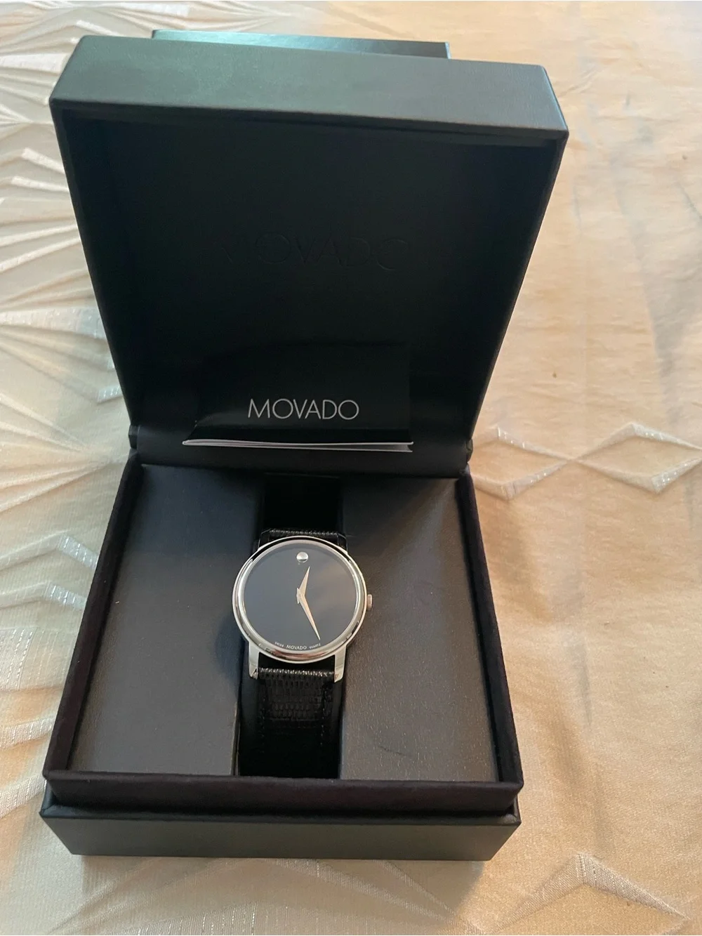Movado Black Dial Silver Case Black Leather Strap Watch